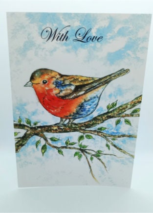 Robin Notecard With The Words "With Love", Blank Inside and printed from my original watercolour art.