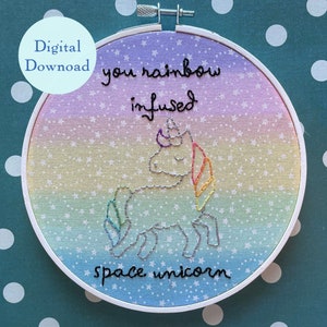 Rainbow Infused Space Unicorn: Embroidery Pattern Digital Download PDF, Leslie Knope Parks and Recreation