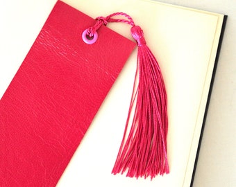 Handmade leather bookmark with tassel, fuchsia - pink marker for Your book
