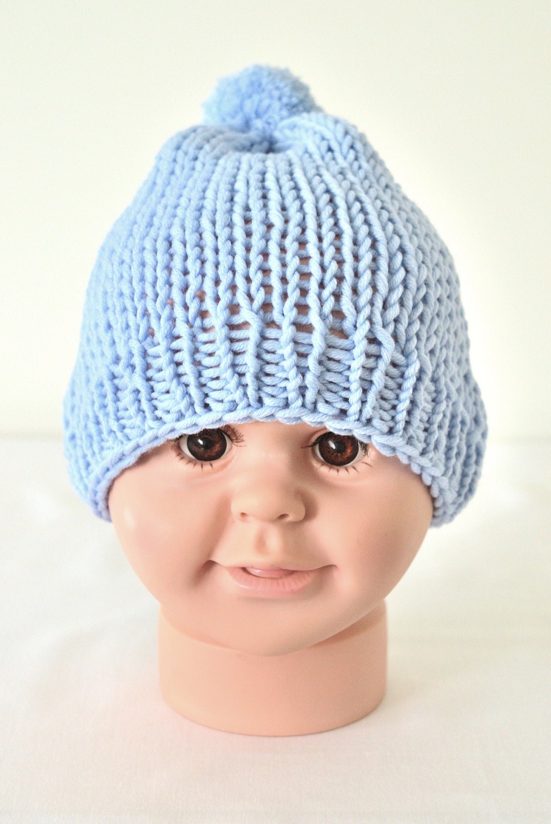 Hand Knitted Child Baby Blue Pom Pom Hat Etsy