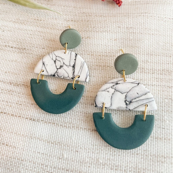 Green Black and White Marbled Earring - Unique Accessories - Polymer Clay Earrings - Lightweight Earrings - Handmade Jewelry - Gifts for her