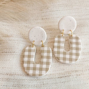 Gingham Clay Earring - Polymer Clay Earrings - Lightweight Earrings - Handmade Jewelry - Fall Accessory - Gifts For Her - Tan and White