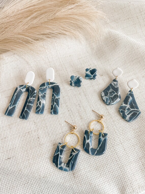 DesignWithAnE Blue and White Marble Clay Earrings Polymer Clay Earrings Lightweight Earrings Hand Painted Handmade Jewelry Nickel Free Stone
