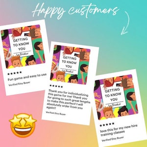 K&ouml;nnte beinhalten: Drei positive Bewertungen f&uuml;r ein "Getting to Know You" Eisbrecher-Spiel. Die Bewertungen heben die Benutzerfreundlichkeit, die Personalisierung und die Effektivit&auml;t f&uuml;r die Neueinstellungsschulung hervor.