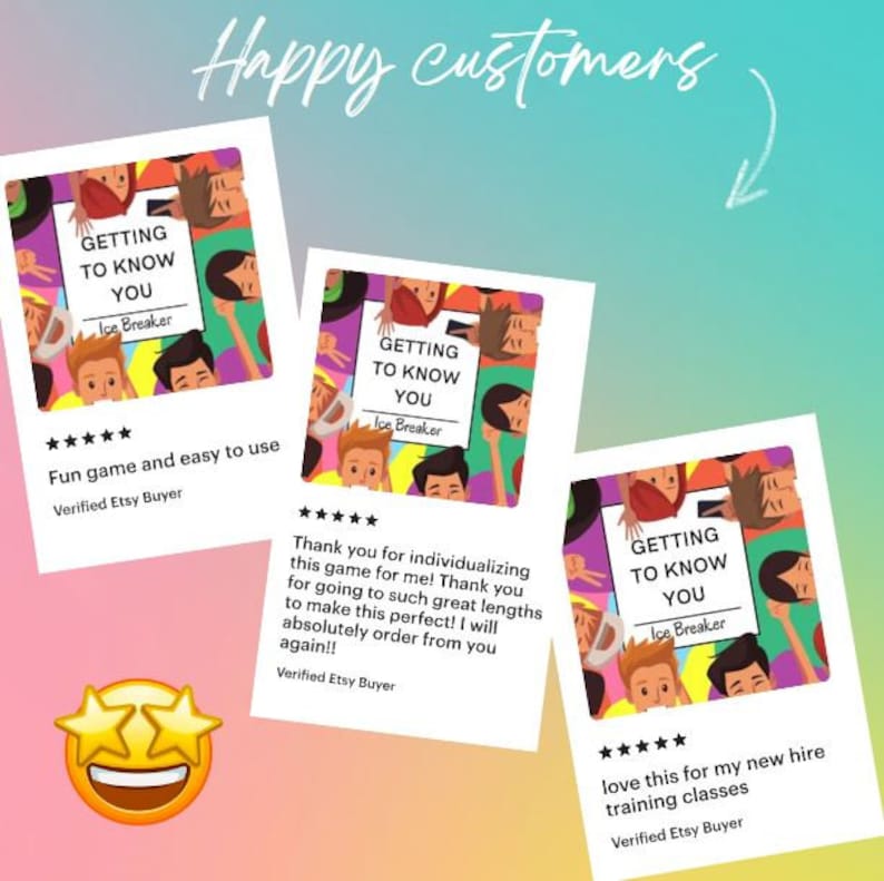 K&ouml;nnte beinhalten: Drei positive Bewertungen f&uuml;r ein "Getting to Know You" Eisbrecher-Spiel. Die Bewertungen heben die Benutzerfreundlichkeit, die Personalisierung und die Effektivit&auml;t f&uuml;r die Neueinstellungsschulung hervor.