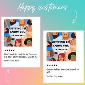 K&ouml;nnte beinhalten: Zwei Etsy-Kundenbewertungen f&uuml;r eine druckbare "Getting to Know You"-Eisbrecher-Aktivit&auml;t. Beide Bewertungen sind mit f&uuml;nf Sternen versehen und enthalten positive Kommentare zum Produkt.