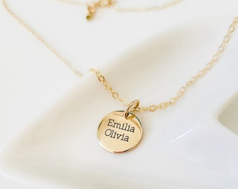 Demi Engraved Name necklace, Mantra pendant, 1/2" Disc ,14K Gold, Rose filled, Sterling Silver, simple necklace Personalized, Gift for her