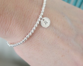 Sterling Silver 3mm Ball Bracelet w/ Initial Charm • Monogram bracelet • Stacking Bracelet  • Initial Disc Disk • Gift for Her