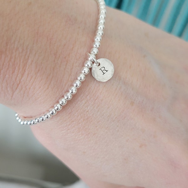 Sterling Silver 3mm Ball Bracelet w/ Initial Charm • Monogram bracelet • Stacking Bracelet  • Initial Disc Disk • Gift for Her