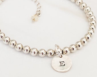 Silver bead bracelet with initial charm • ball bracelet • Sterling Silver Disc Disk • birthstone • charm bracelet • Gift for her