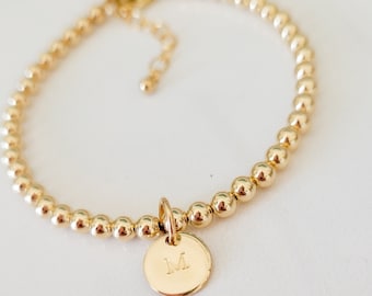 14k Gold filled ball bracelet with initial charm • pixie initial disc • 4mm gold bead bracelet • birthstone • Gift for her