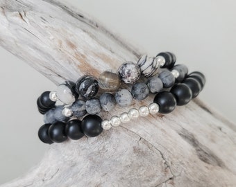 Black & Silver 3 pc Stack • Beaded stack w/Sterling Silver Accents • Stretch Bracelet • Gift for her