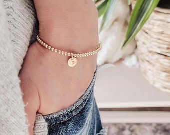 Gold Filled Tarnish Resistant 3mm Ball Bracelet w/ Initial Charm • Bracelet with Disk • Monogram Disc Bracelet •  Gift for Her