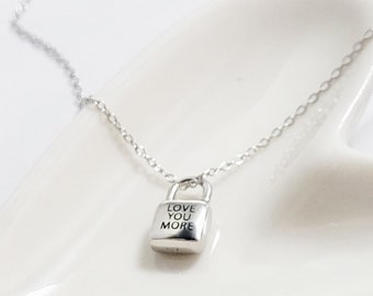 Love you more tiny padlock necklace, engraved, sterling silver, Gift for her girlfriend friend sister mom