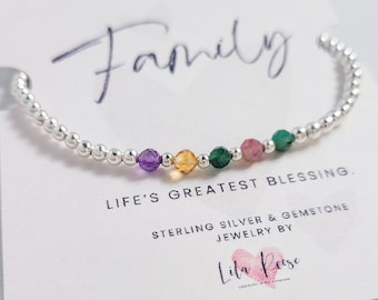 Bracelet familial avec pierres de naissance • Pierres précieuses véritables • Cadeau pour sa maman, grand-mère, grand-mère, femme, petite amie • Cadeau pour la fête des mères