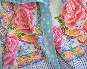 Hand Drawn Silk Indonesian Batik Tulis Floral Sky Blue Scarf Shawl Sarong Peranakan Javanese Balinese Oriental Blue Mother's Day Gift Java
