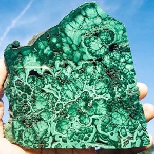Natural Polished Malachite Crystal Slab with Plastic Stand, Malachite, Crystals, Healing Crystals, Home Decor