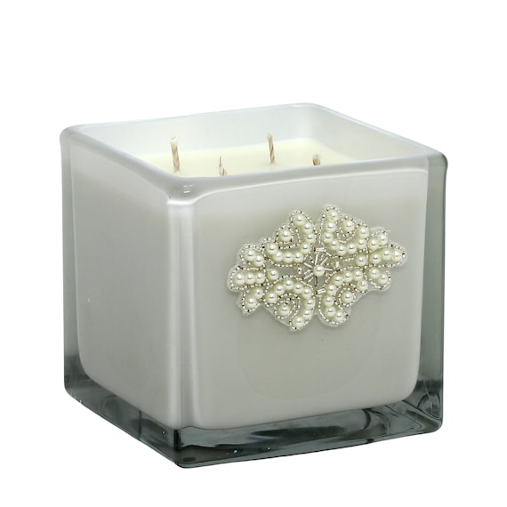 Bijoux Candles Deluxe Thick Glass Square Candle With 4-wicks With Faux Pearl  Applique 40 Oz 