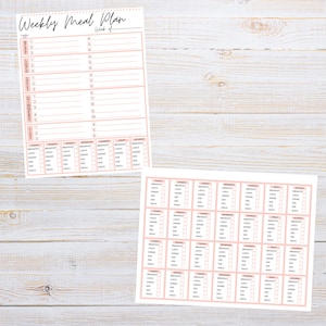 May include: A printable weekly meal planner with a pink and white design. The planner includes sections for breakfast, lunch, dinner, and snacks. The planner is divided into days of the week, with spaces for writing in meals and snacks.