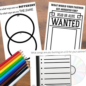 May include: A collection of relationship-themed printables and a CD. One printable asks "In what ways are we DIFFERENT" and "THE SAME". Another is a "WANTED" poster. A CD case and colored pencils are also present.