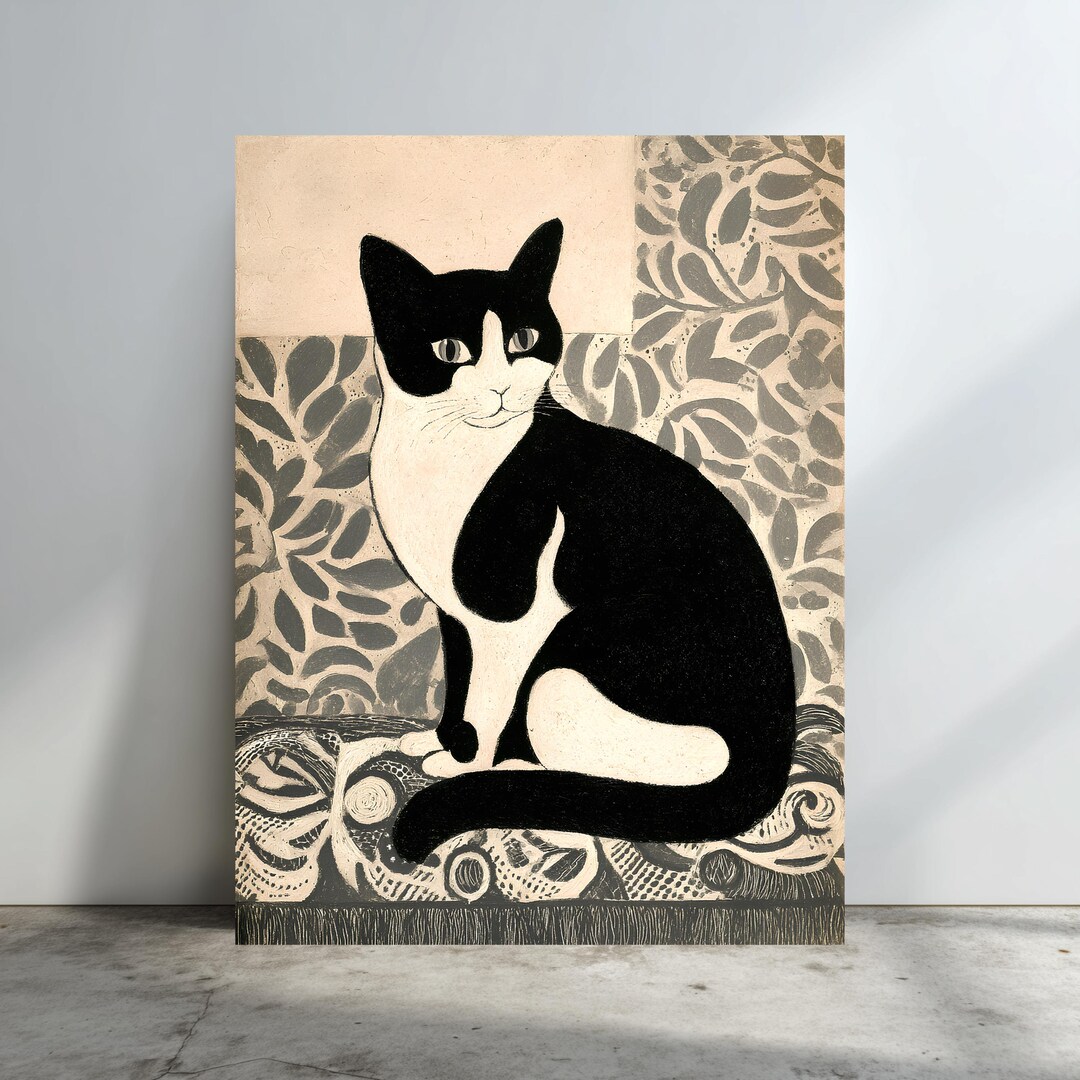 Black and White Tuxedo Cat Art Print, Minimalist Wall Decor, Monochrome ...