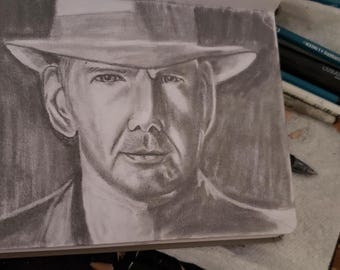 オリジナルの鉛筆画 - インディ・ジョーンズ役のハリソン・フォード