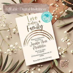 Love makes a family, Editable through Corjl Digital Adoption Invitation