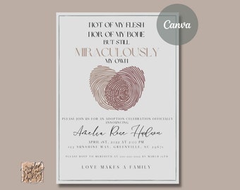 Miraculously my Own Adoption Invitation, Editable Canva Template, Fingerprint Heart