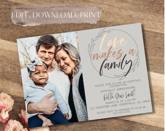 Love makes a family, family photo editable adoption invitation corjl