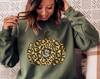 Monogram Pumpkin Fall Sweatshirt, Leopard Pumpkin Sweatshirt, Fall Sweatshirt for Women, Monogram Fall Shirt, Pumpkin Shirt, Fall Shirts