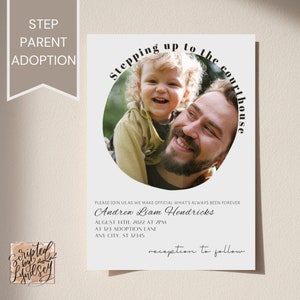 Stiefouderadoptie, naar het gerechtsgebouw gaan, foto-adoptie-uitnodiging, bewerkbare adoptiesjabloon, adoptieviering