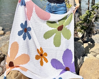 Crochet Flower Throw Blanket Pattern, Easy Beginner Guide (PDF Digital Download)