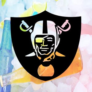 May include: Black and white logo of a football player wearing a helmet and a face mask. The logo is on a shield shape with two crossed swords behind the player. The logo is surrounded by ice and bottles of beer.