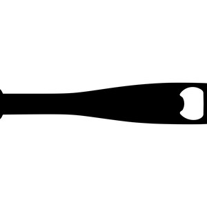 May include: A black baseball bat bottle opener. The bottle opener has a cut-out shape for opening bottles.