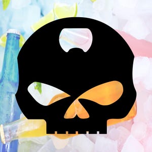 May include: Black skull-shaped bottle opener with a cut-out for opening bottles. The bottle opener is in front of a background of ice and colorful drinks.