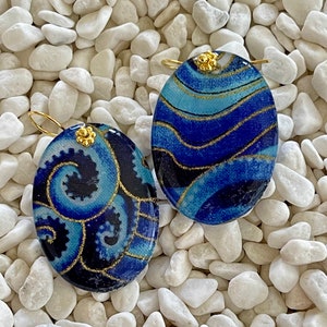 Nautical Oval Ocean Wave Blue Resin Earrings