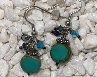Turquoise & Green Wire Wrapped Earrings (10mm Stone)