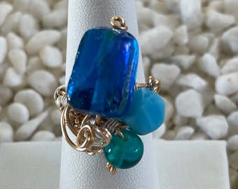 Wire-Wrapped Blue & Green Ceramic Stone Beaded Ring