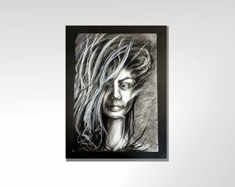 Portrait surréaliste - dessin au fusain - oeuvre d'art unique en son genre - décoration de chambre moderne - cadeau d'art unique - oeuvre d'art décorative