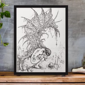 Fallen Angel Line Drawing Print, Dark Gothic Wall Art, Demon Dark Aesthetic Original Artwork, Goth Black and White Art Print Fantasy Gift