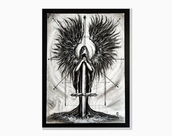 Signierte Kohle Zeichnung - Dark Angel Kunstwerk - Tarot Kunst - Gothic Home Decor - Seltenes Geschenk in schwarz weiß - Engel des Todes Horror Art