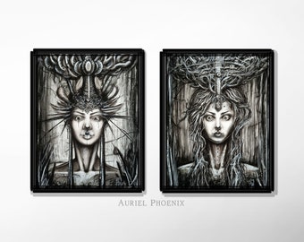 Limited Edition Original Art - Sci-Fi Charcoal Drawing - Tech Goddess Wall Art - Fantasy Scifi Artwork in black and white - Nerdy Art Set