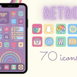 May include: A screenshot of a phone with a purple background and a rainbow arc at the bottom. The phone screen displays a grid of app icons with a retro design. The icons are in various colours and feature popular apps like Instagram, Netflix, Pinterest, and YouTube. The text "POSITIVITY IS KEY" is displayed on the top left corner of the screen. The text "70 icons!" is displayed on a white background with a purple outline.