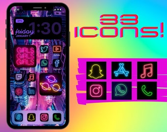 NEON AESTHETIC app icons for iPhone iOS 14, 15, 16 with BONUS widgets and wallpaper