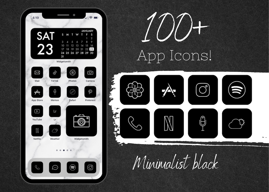 100 MINIMALIST BLACK AESTHETIC App Icons for iPhone Ios 14, 15, 16