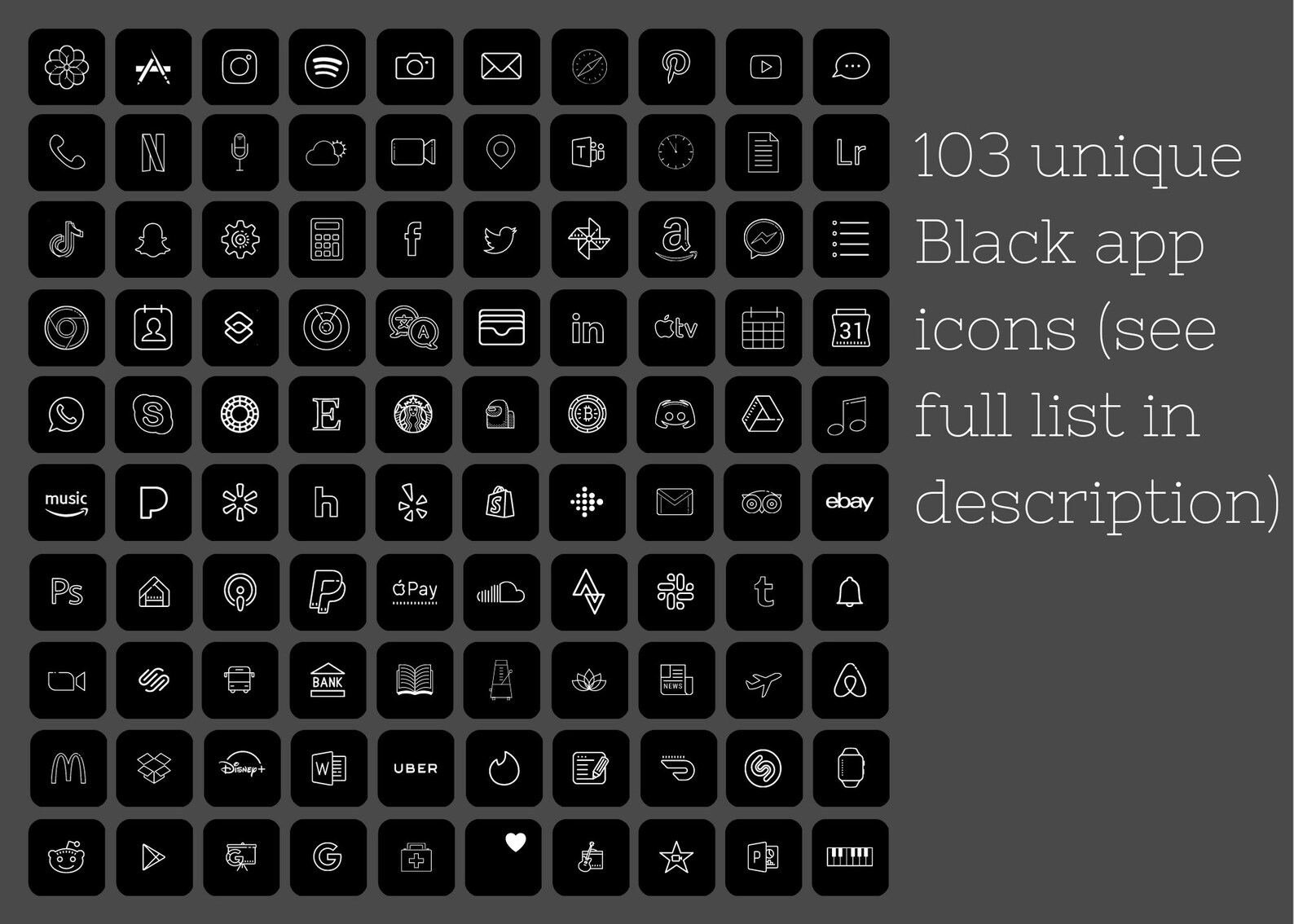 100 MINIMALIST BLACK AESTHETIC App Icons for iPhone Ios 14, 15, 16