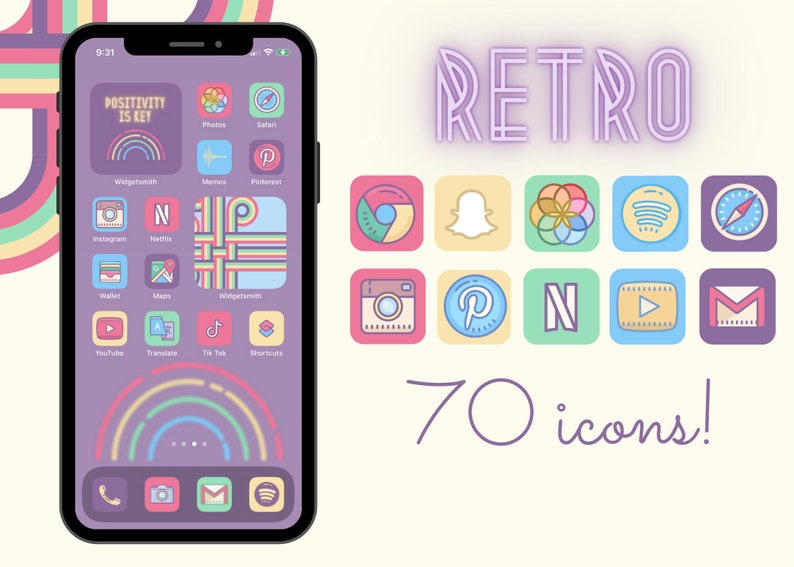 70 RETRO AESTHETIC app icons for iPhone iOS 14, 15, 16 with BONUS widgets and wallpaper 