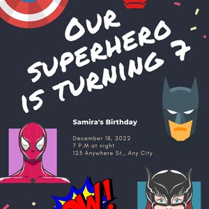 Superhero kids party invitation. Digital download printable invite