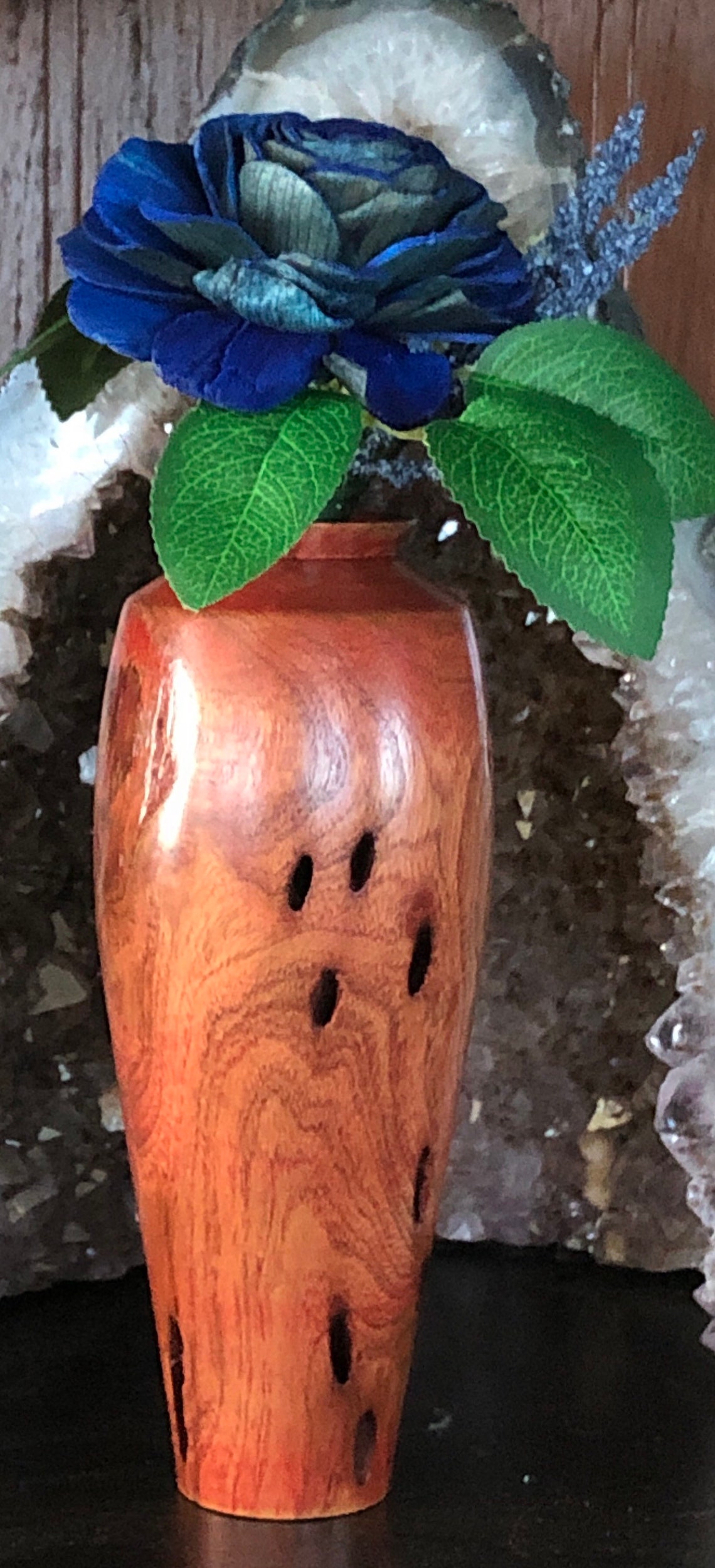 Small Romantic Red Handmade Wood Bud Vase With Blue Wood Etsy