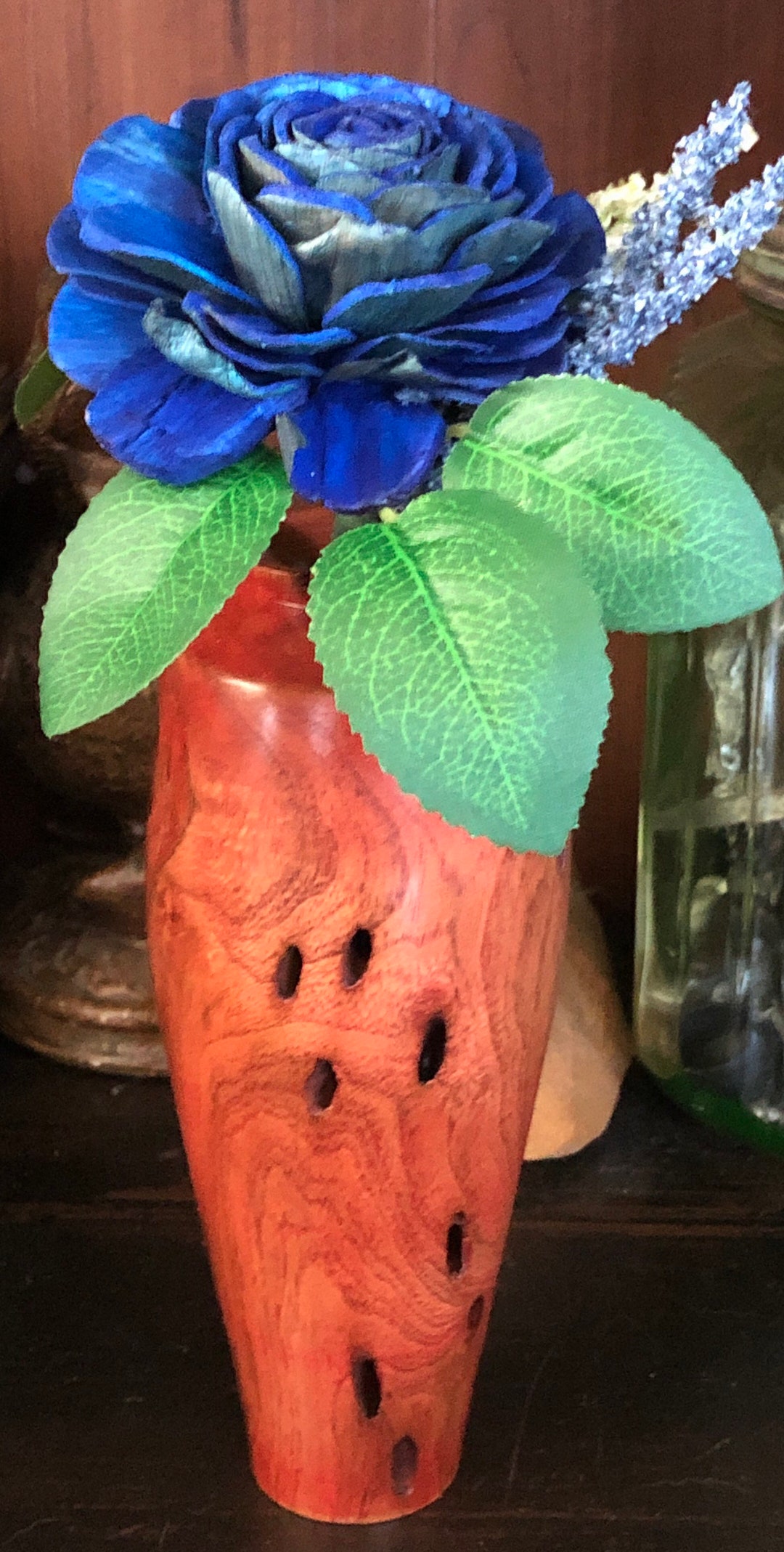 Small Romantic Red Handmade Wood Bud Vase With Blue Wood Etsy